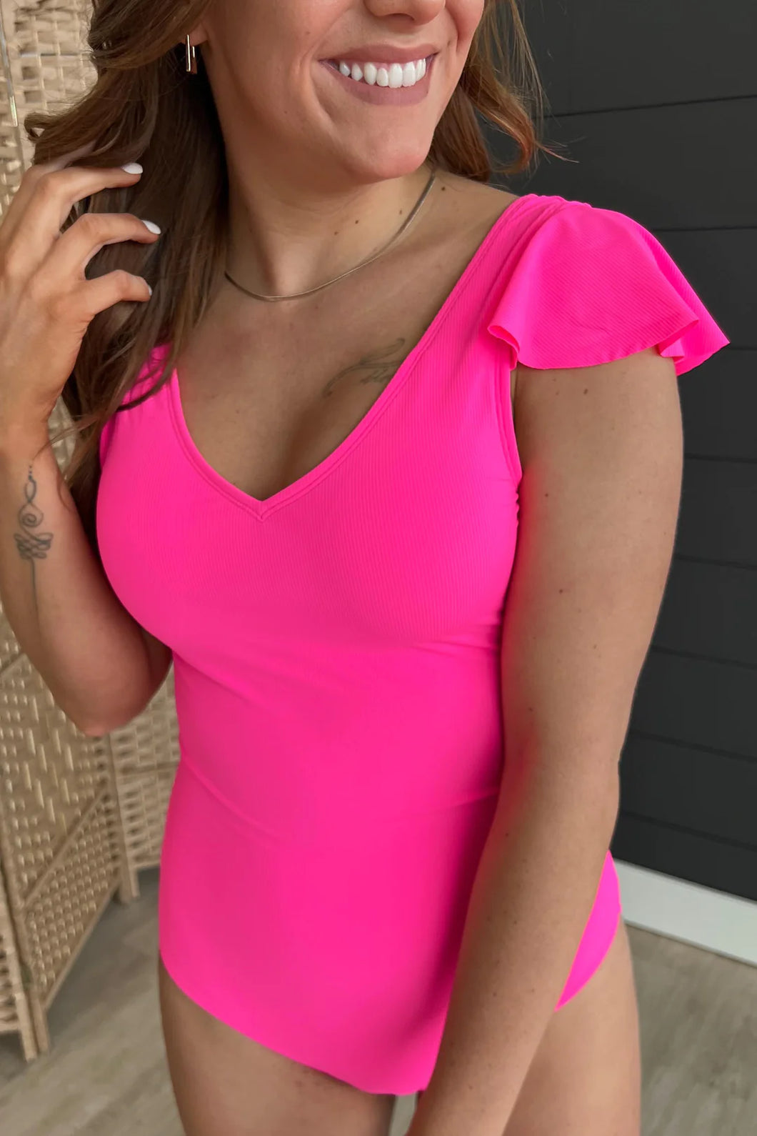 BEACHSIDE BLISS- NEON PINK RIBBED ONE PIECE SWIMSUIT