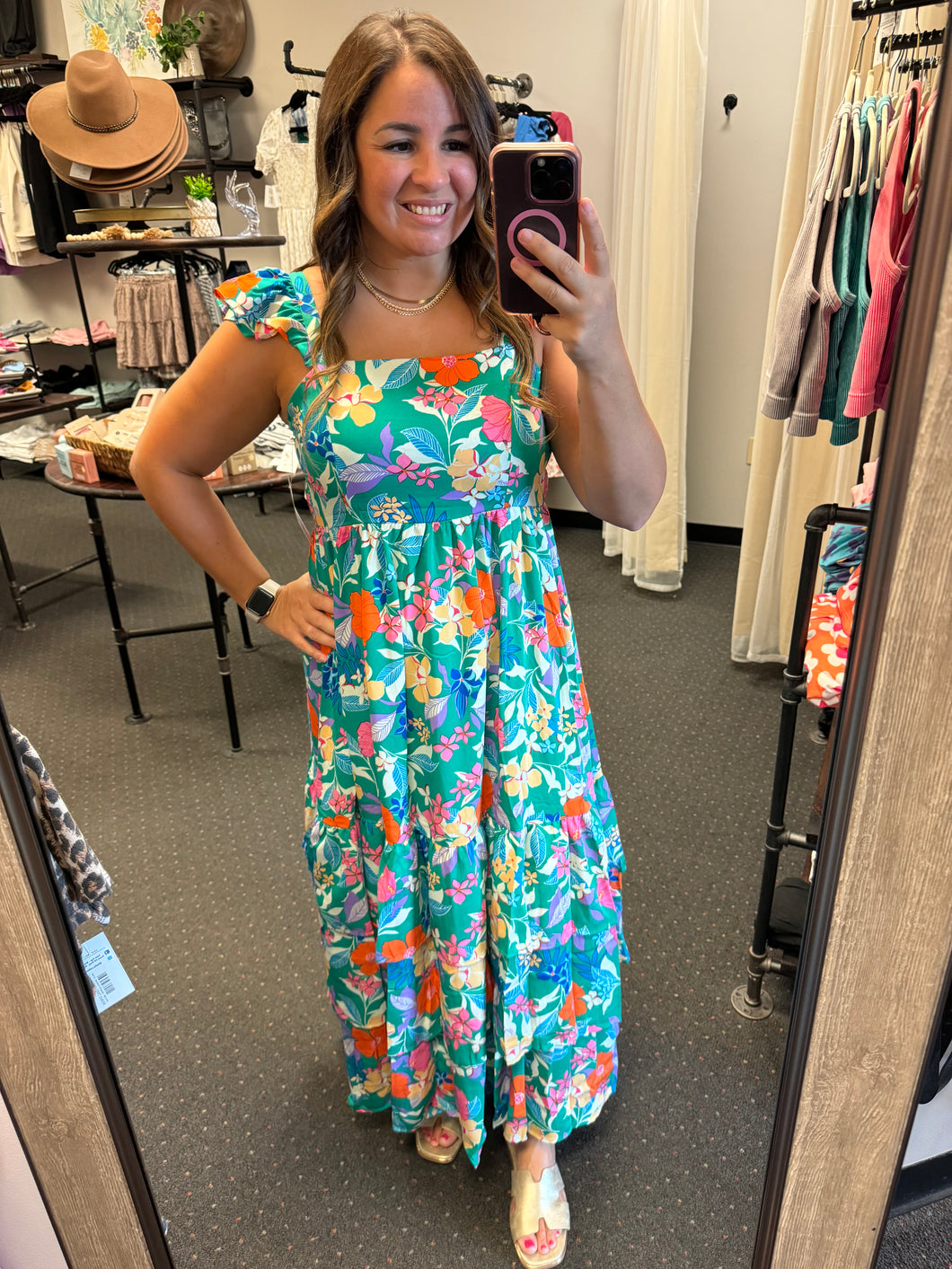 GREEN FLORAL TIERED MAXI DRESS