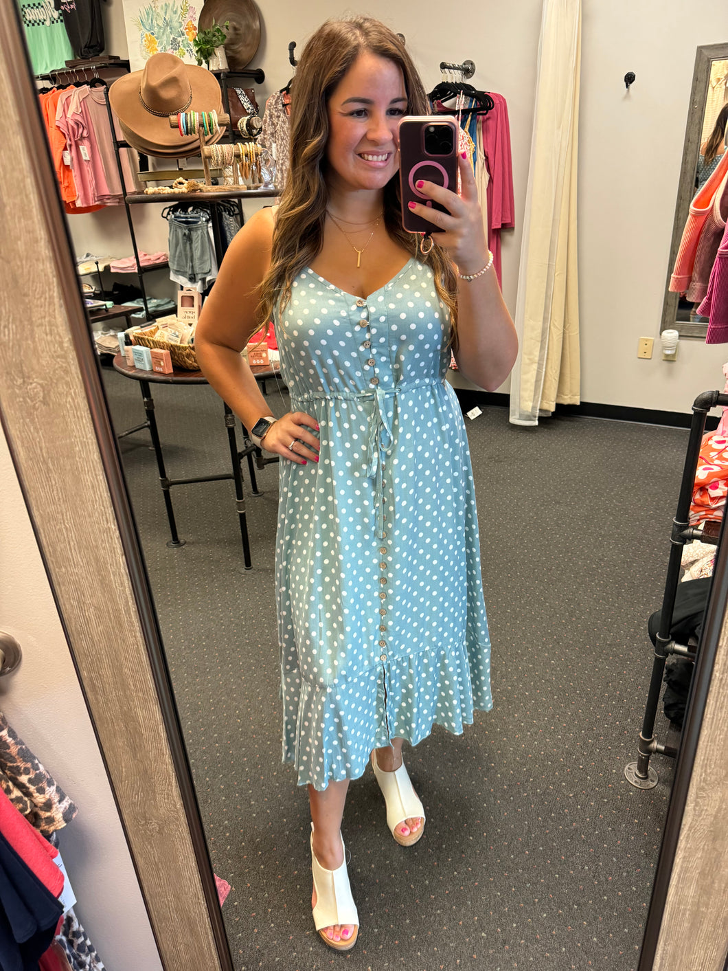 SAGE POLKA DOT MIDI DRESS