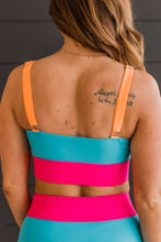 Load image into Gallery viewer, CATCHING WAVES BLUE, BRIGHT PINK &amp; ORANGE SWIM TOP
